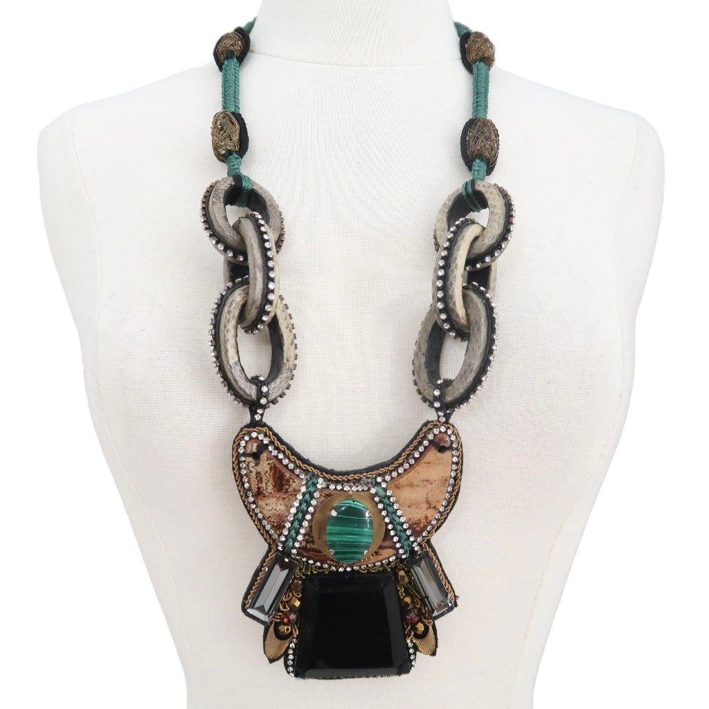 Sachin + Babi Crystal Studded Malachite & Leather Statement Necklace
